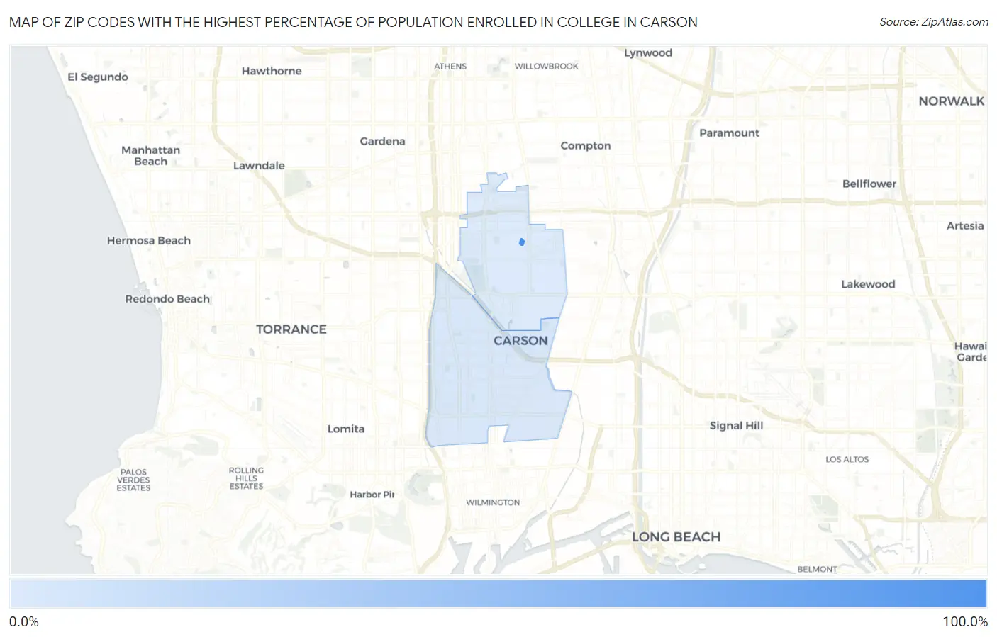 Zip Codes with the Highest Percentage of Population Enrolled in College in Carson Map