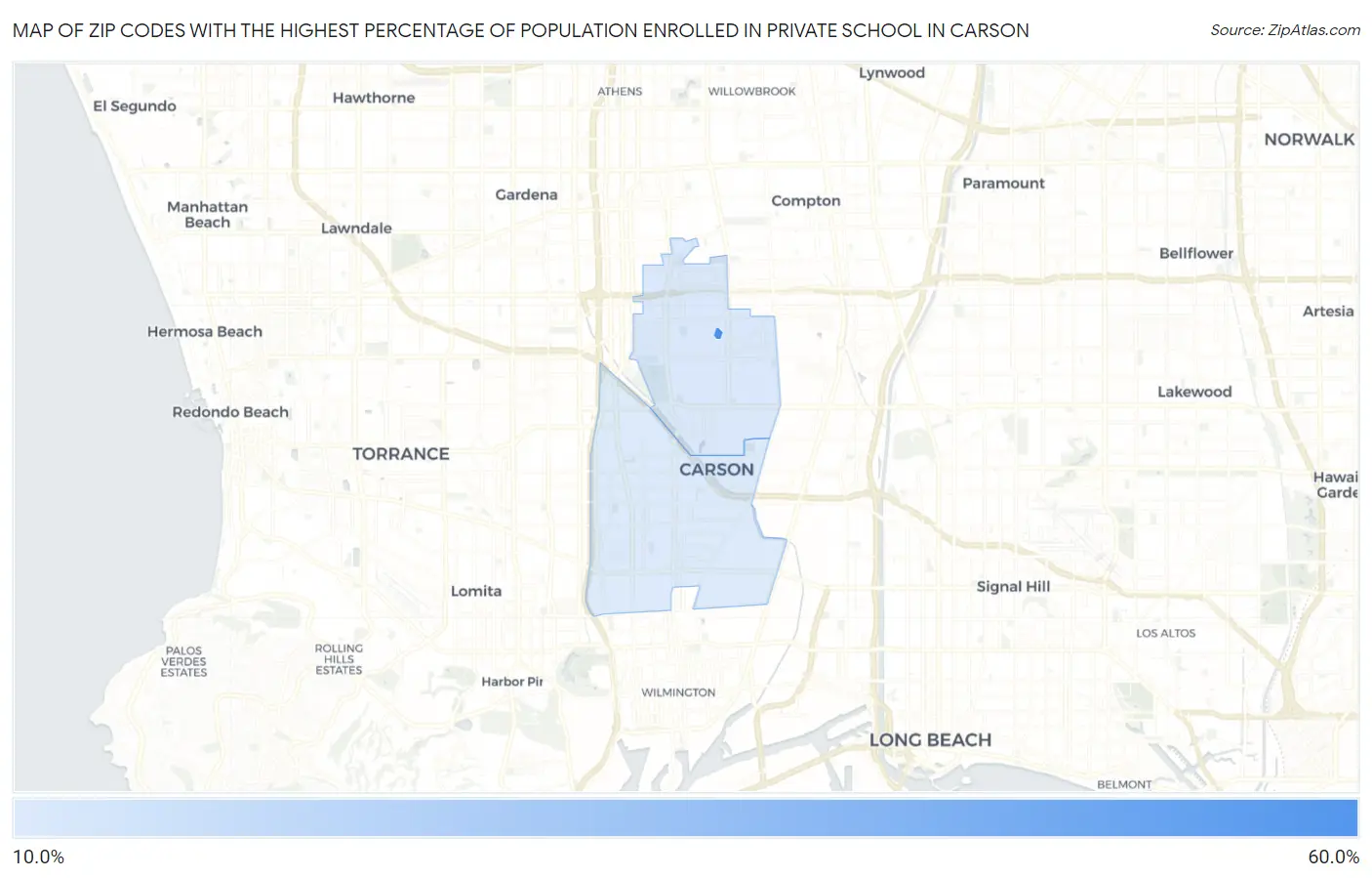 Zip Codes with the Highest Percentage of Population Enrolled in Private School in Carson Map