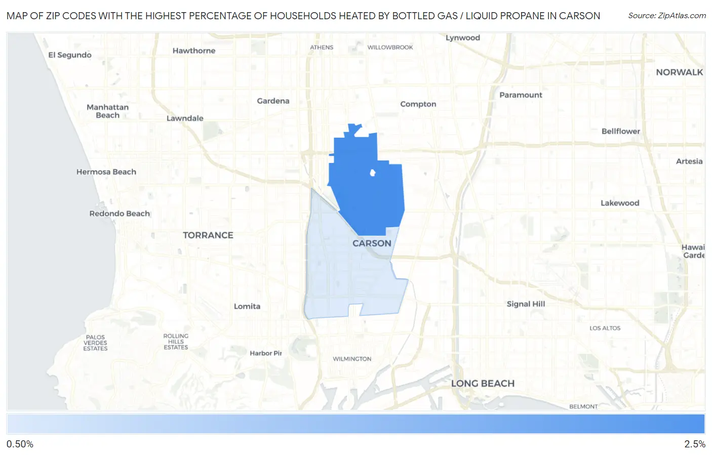 Zip Codes with the Highest Percentage of Households Heated by Bottled Gas / Liquid Propane in Carson Map