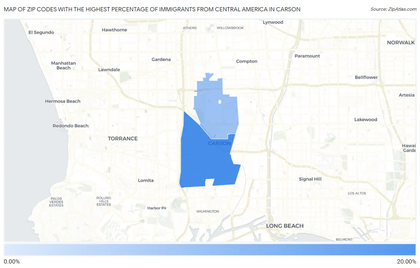 Zip Codes with the Highest Percentage of Immigrants from Central America in Carson Map