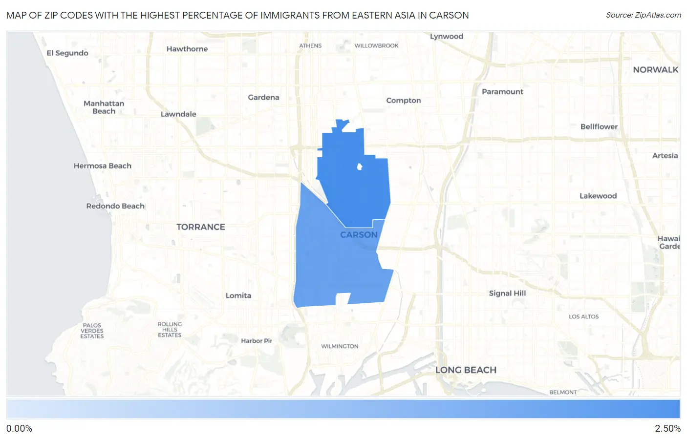 Zip Codes with the Highest Percentage of Immigrants from Eastern Asia in Carson Map