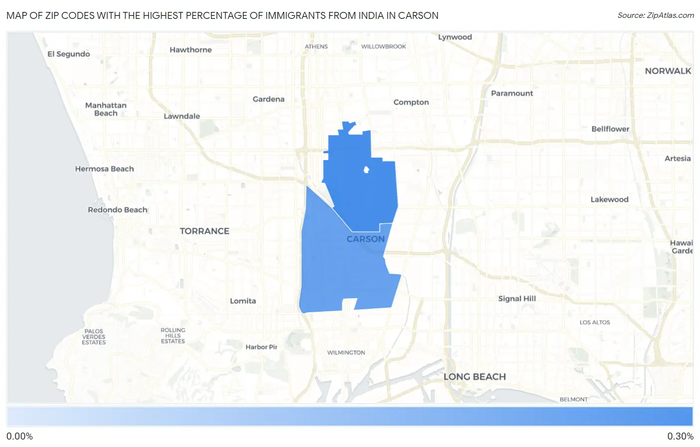 Zip Codes with the Highest Percentage of Immigrants from India in Carson Map
