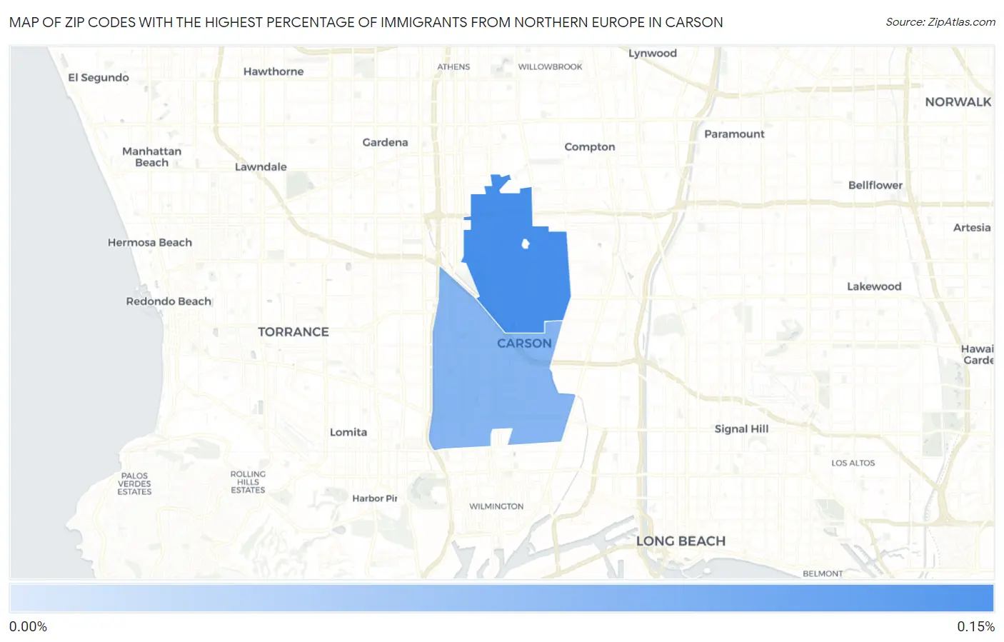 Zip Codes with the Highest Percentage of Immigrants from Northern Europe in Carson Map