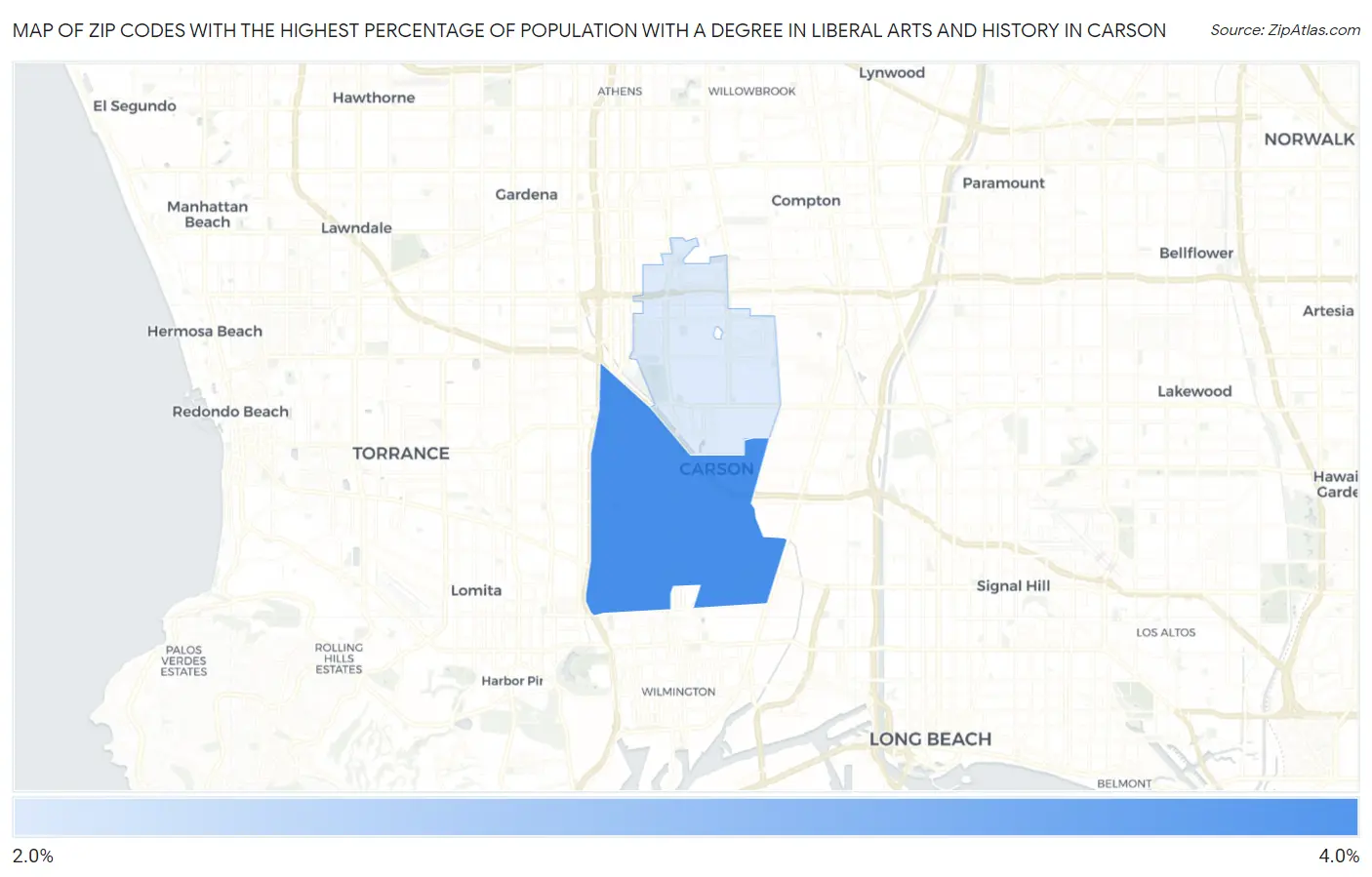 Zip Codes with the Highest Percentage of Population with a Degree in Liberal Arts and History in Carson Map