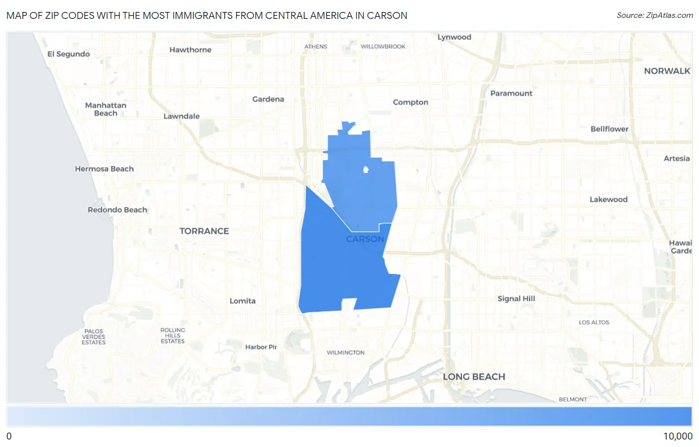 Zip Codes with the Most Immigrants from Central America in Carson Map