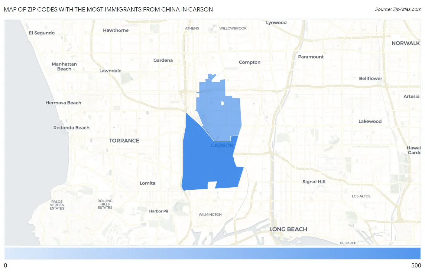 Zip Codes with the Most Immigrants from China in Carson Map
