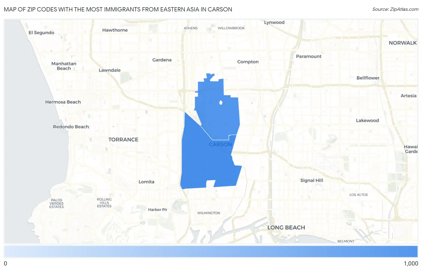 Zip Codes with the Most Immigrants from Eastern Asia in Carson Map