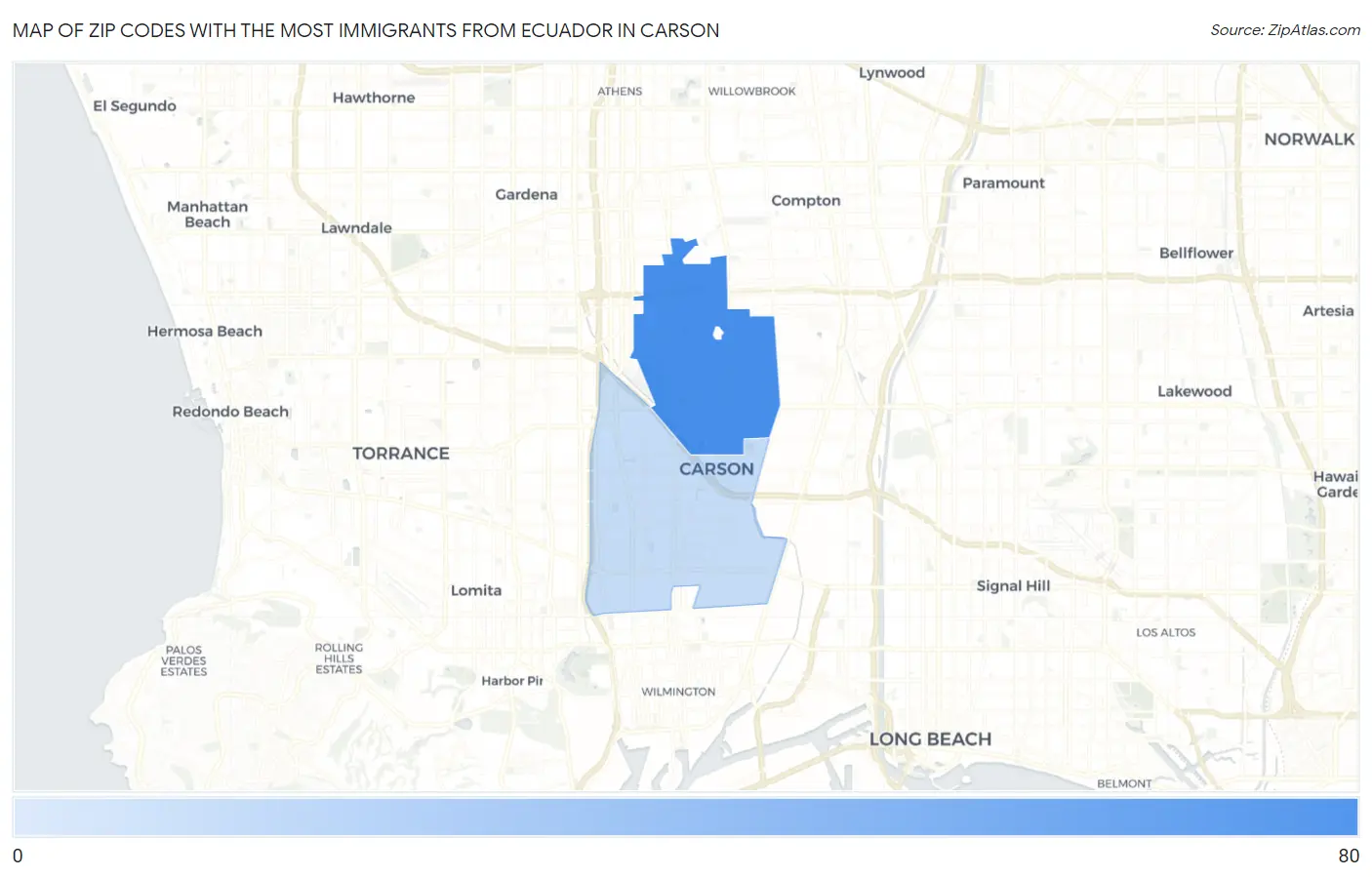 Zip Codes with the Most Immigrants from Ecuador in Carson Map