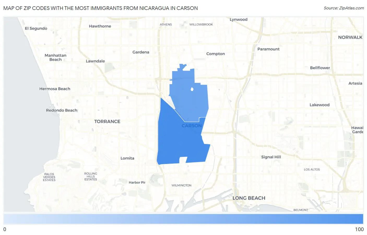 Zip Codes with the Most Immigrants from Nicaragua in Carson Map