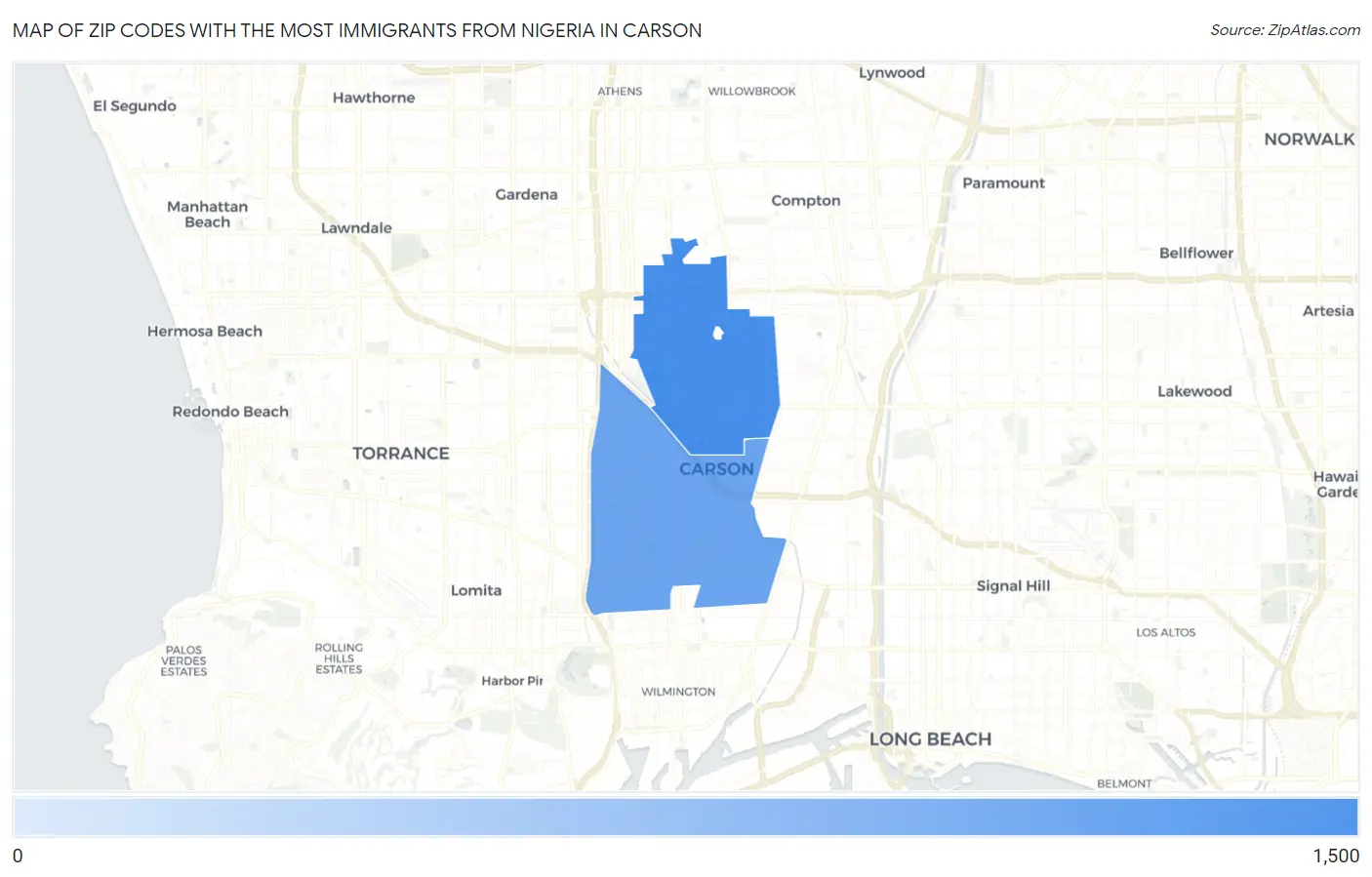 Zip Codes with the Most Immigrants from Nigeria in Carson Map