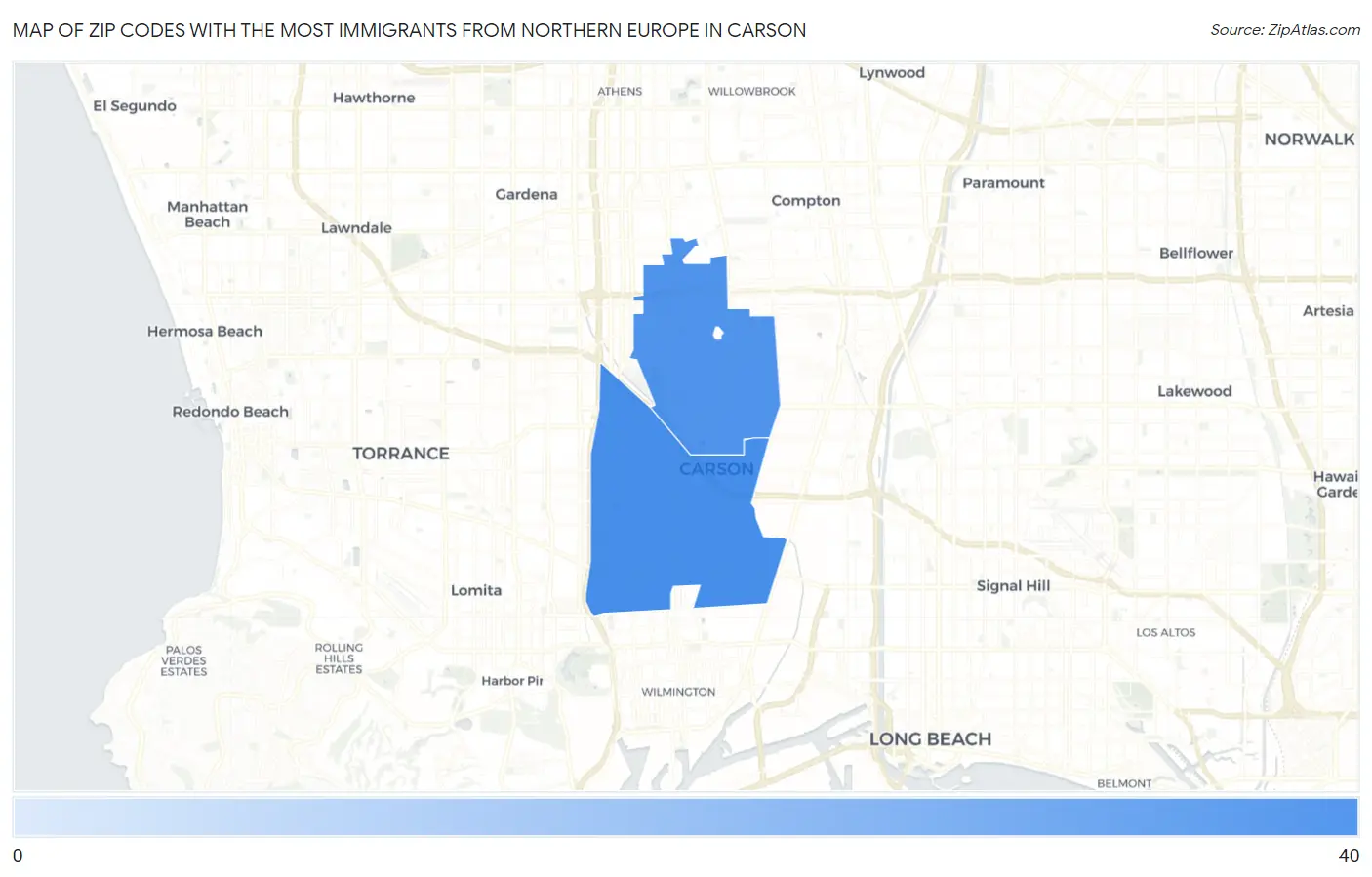 Zip Codes with the Most Immigrants from Northern Europe in Carson Map
