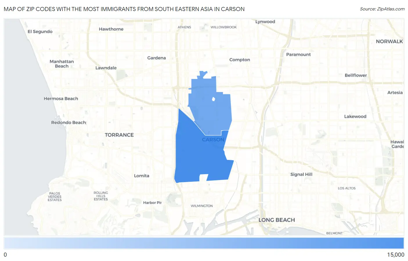 Zip Codes with the Most Immigrants from South Eastern Asia in Carson Map