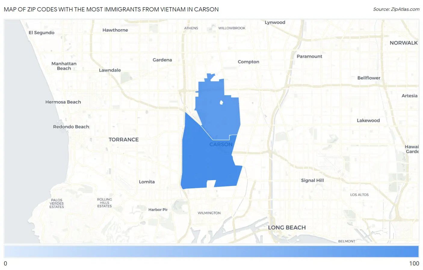 Zip Codes with the Most Immigrants from Vietnam in Carson Map