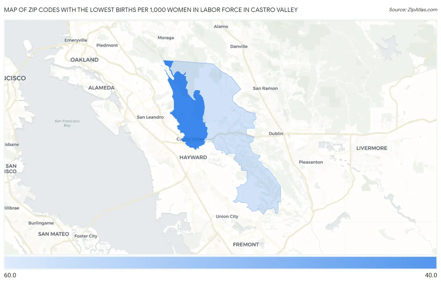 Zip Codes with the Lowest Births per 1,000 Women in Labor Force in Castro Valley Map