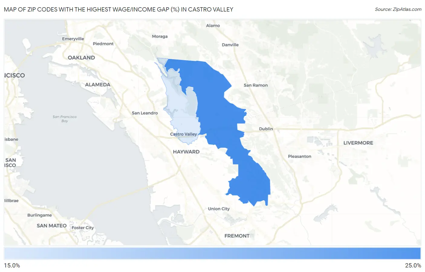 Zip Codes with the Highest Wage/Income Gap (%) in Castro Valley Map
