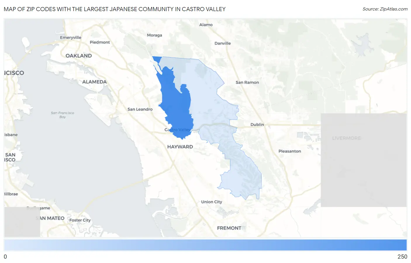 Zip Codes with the Largest Japanese Community in Castro Valley Map