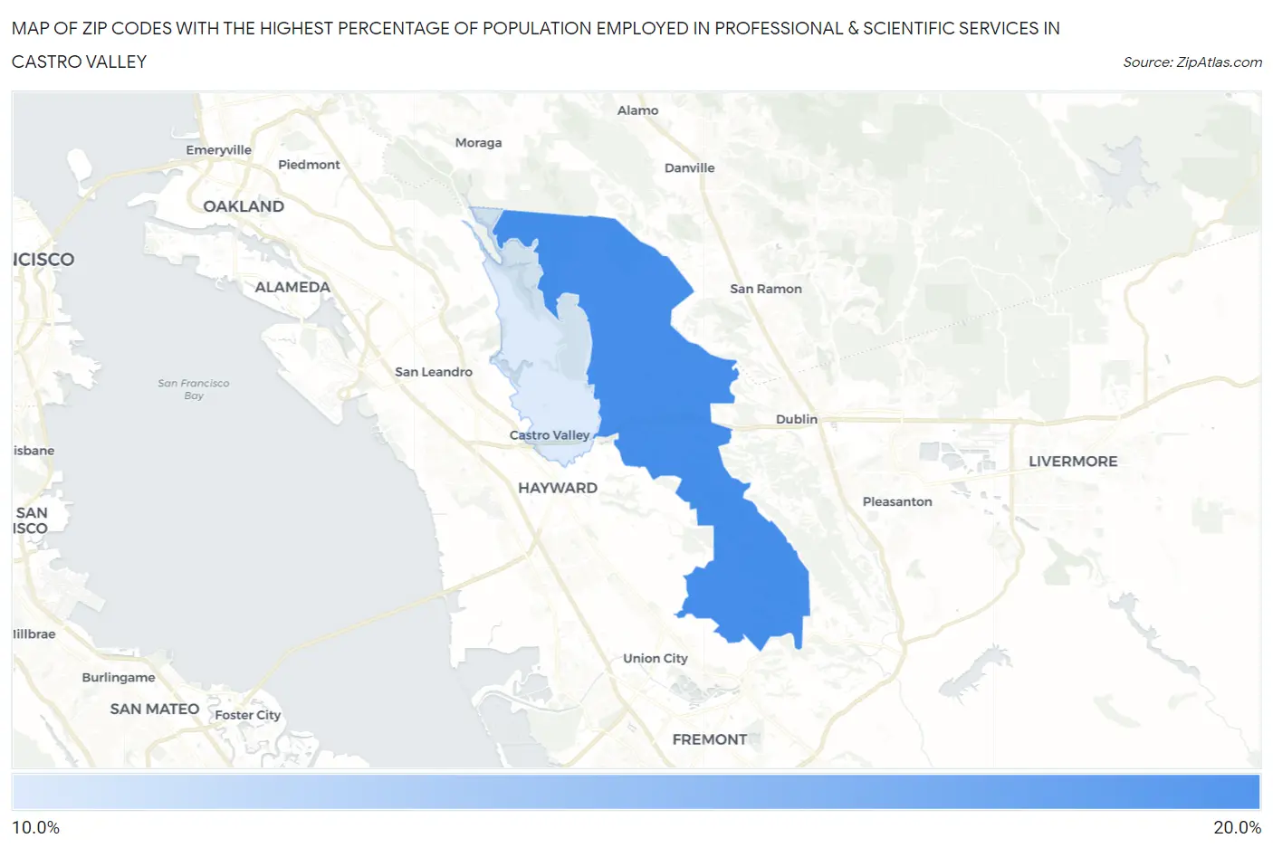 Zip Codes with the Highest Percentage of Population Employed in Professional & Scientific Services in Castro Valley Map
