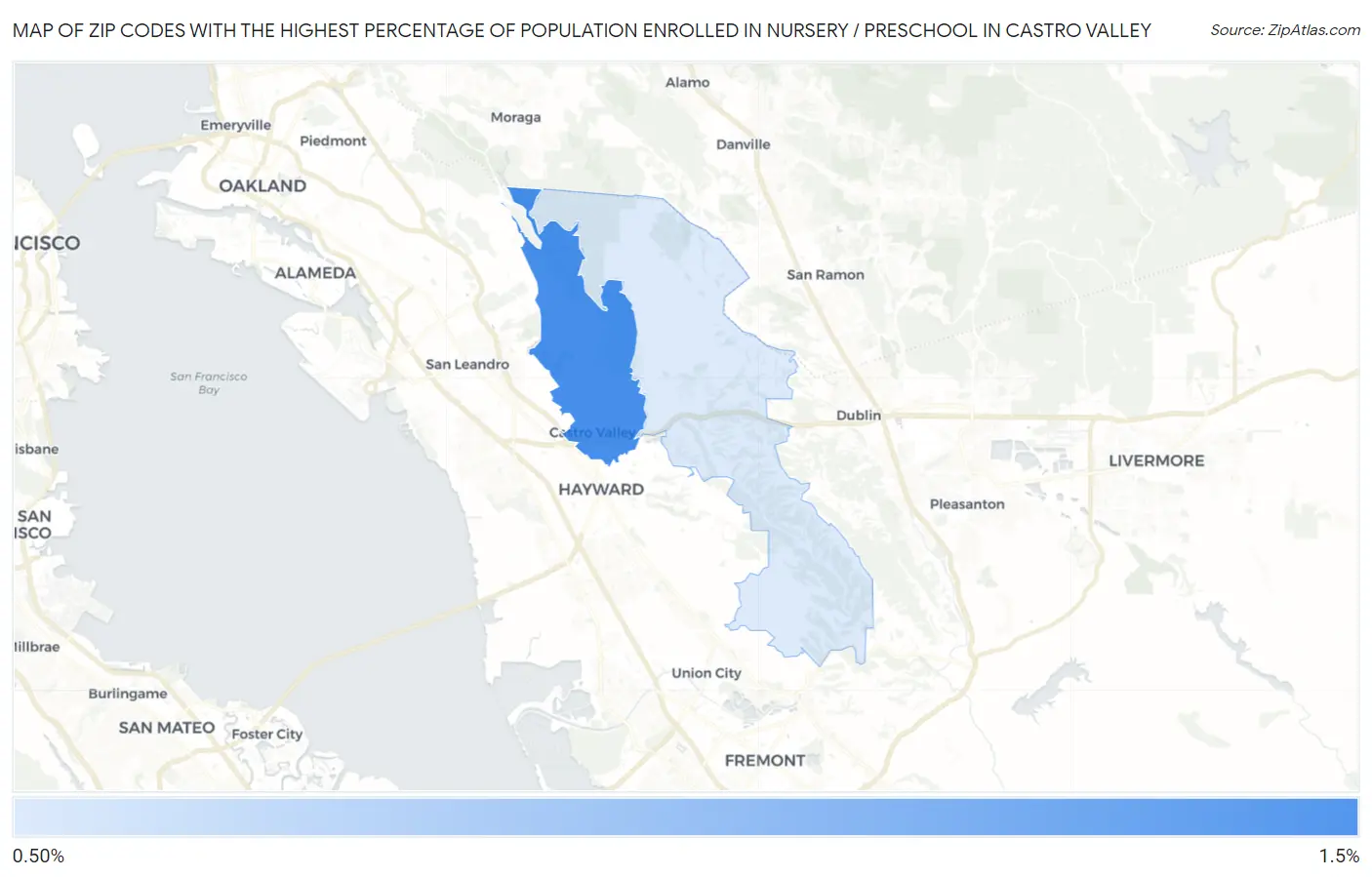 Zip Codes with the Highest Percentage of Population Enrolled in Nursery / Preschool in Castro Valley Map