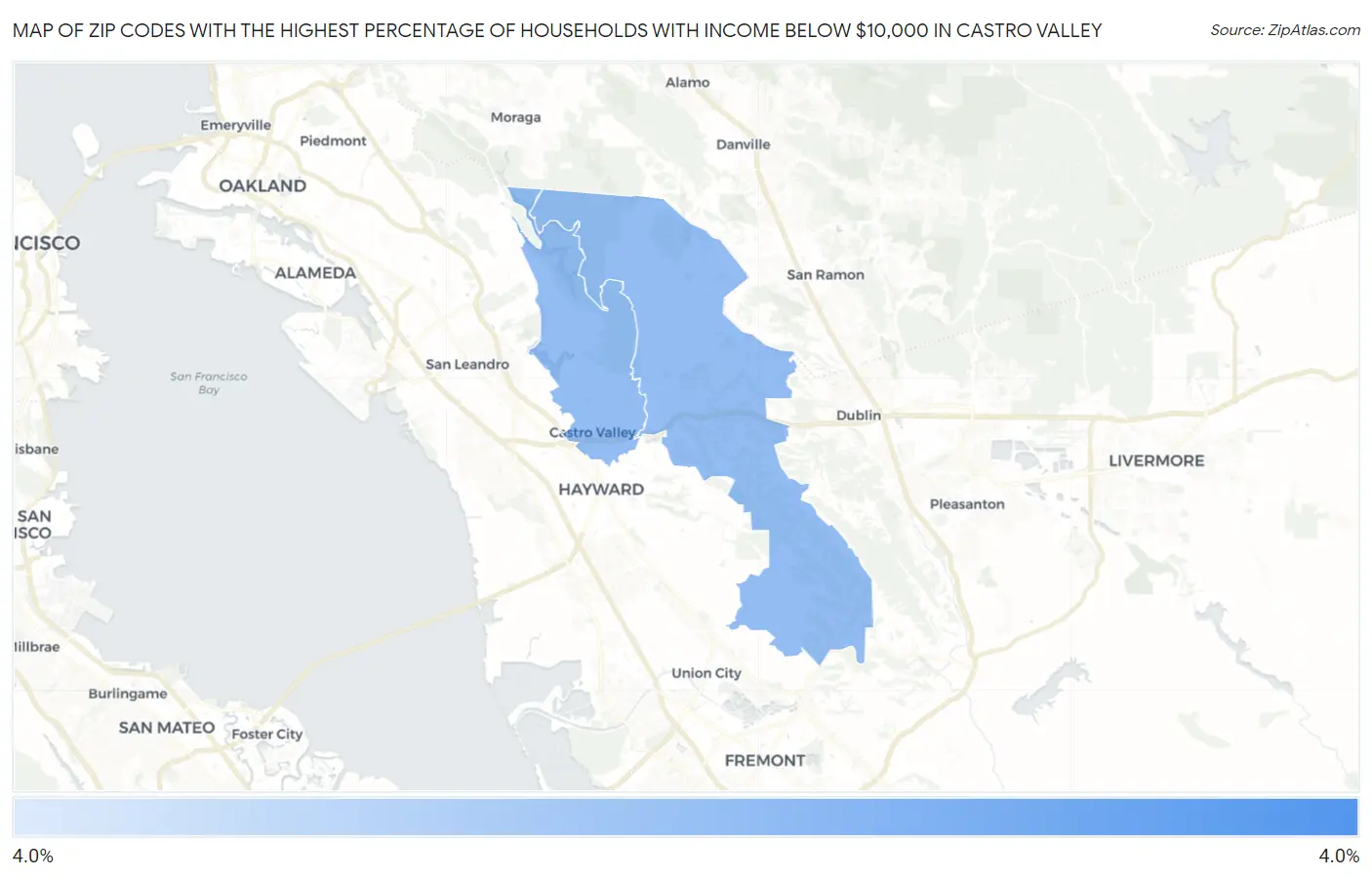 Zip Codes with the Highest Percentage of Households with Income Below $10,000 in Castro Valley Map