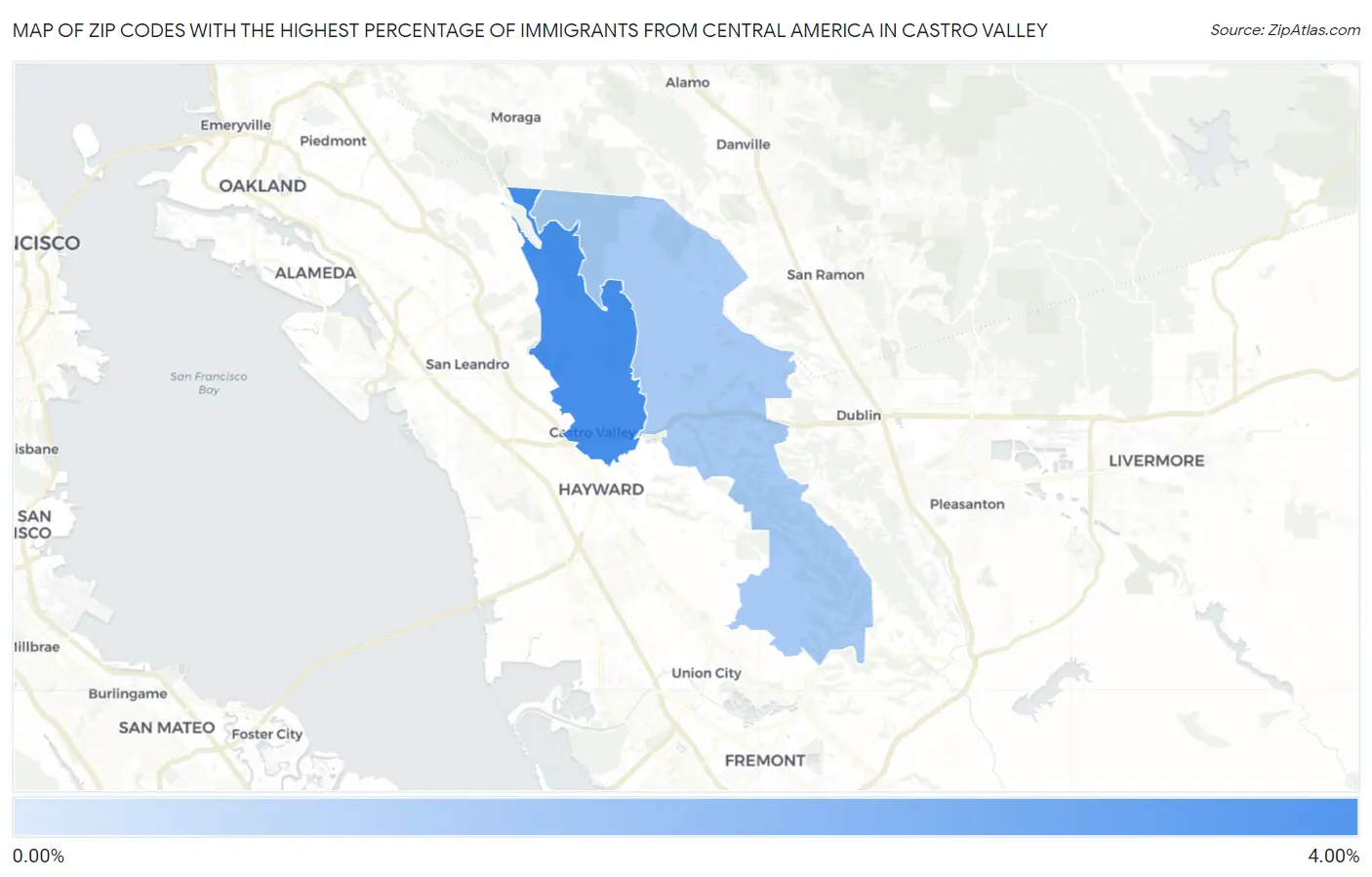 Zip Codes with the Highest Percentage of Immigrants from Central America in Castro Valley Map