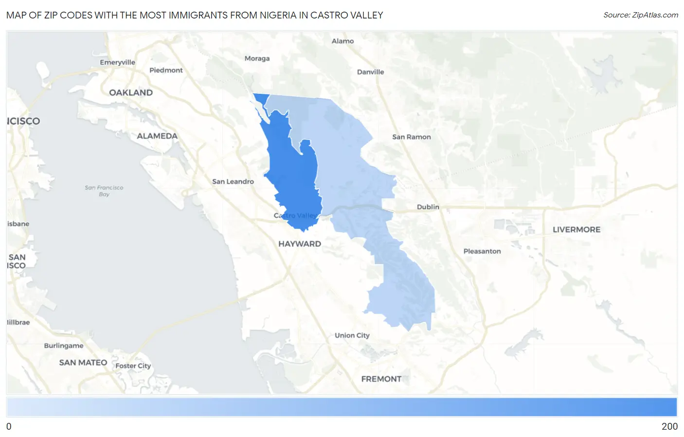 Zip Codes with the Most Immigrants from Nigeria in Castro Valley Map