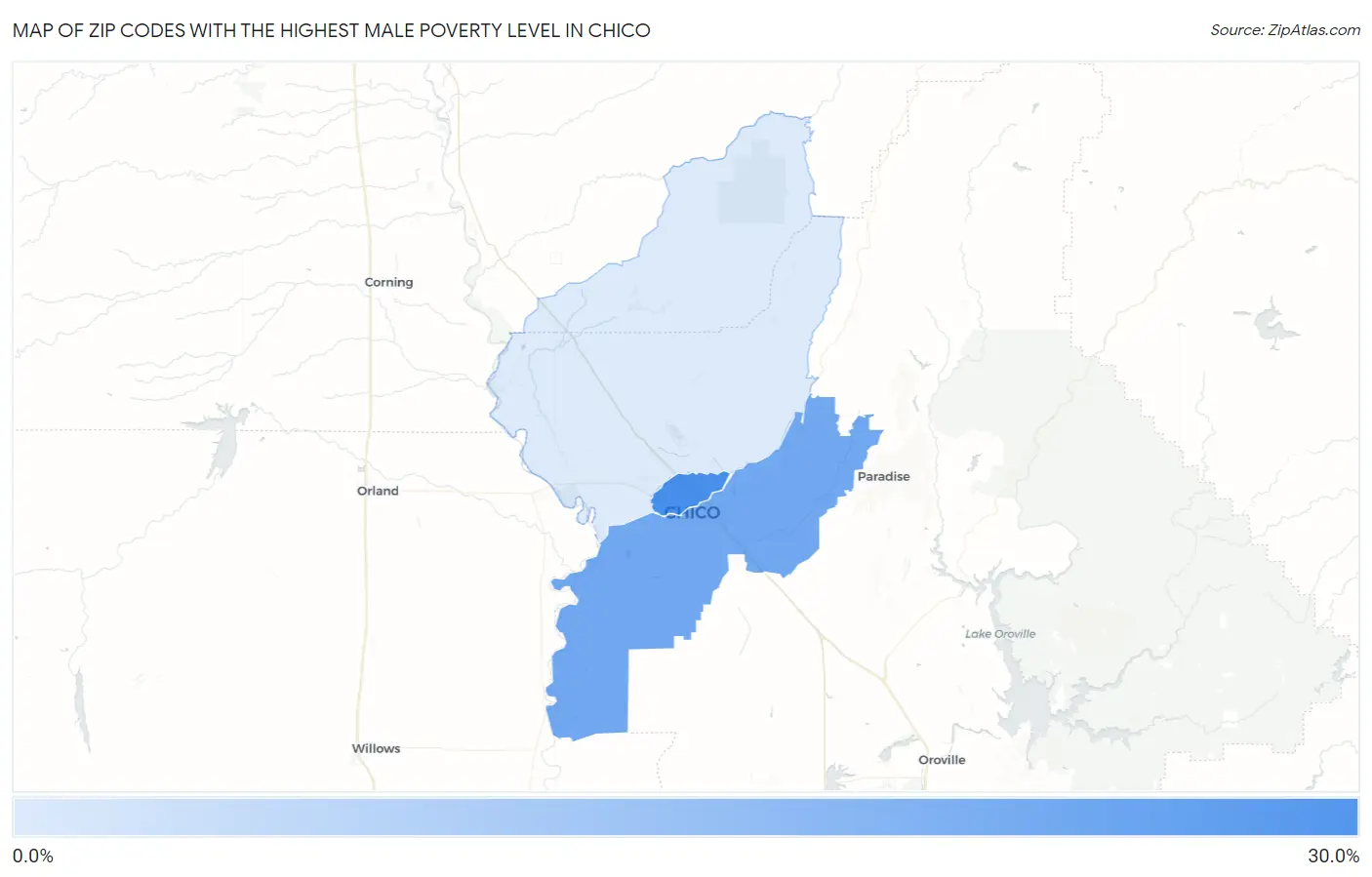 Zip Codes with the Highest Male Poverty Level in Chico Map