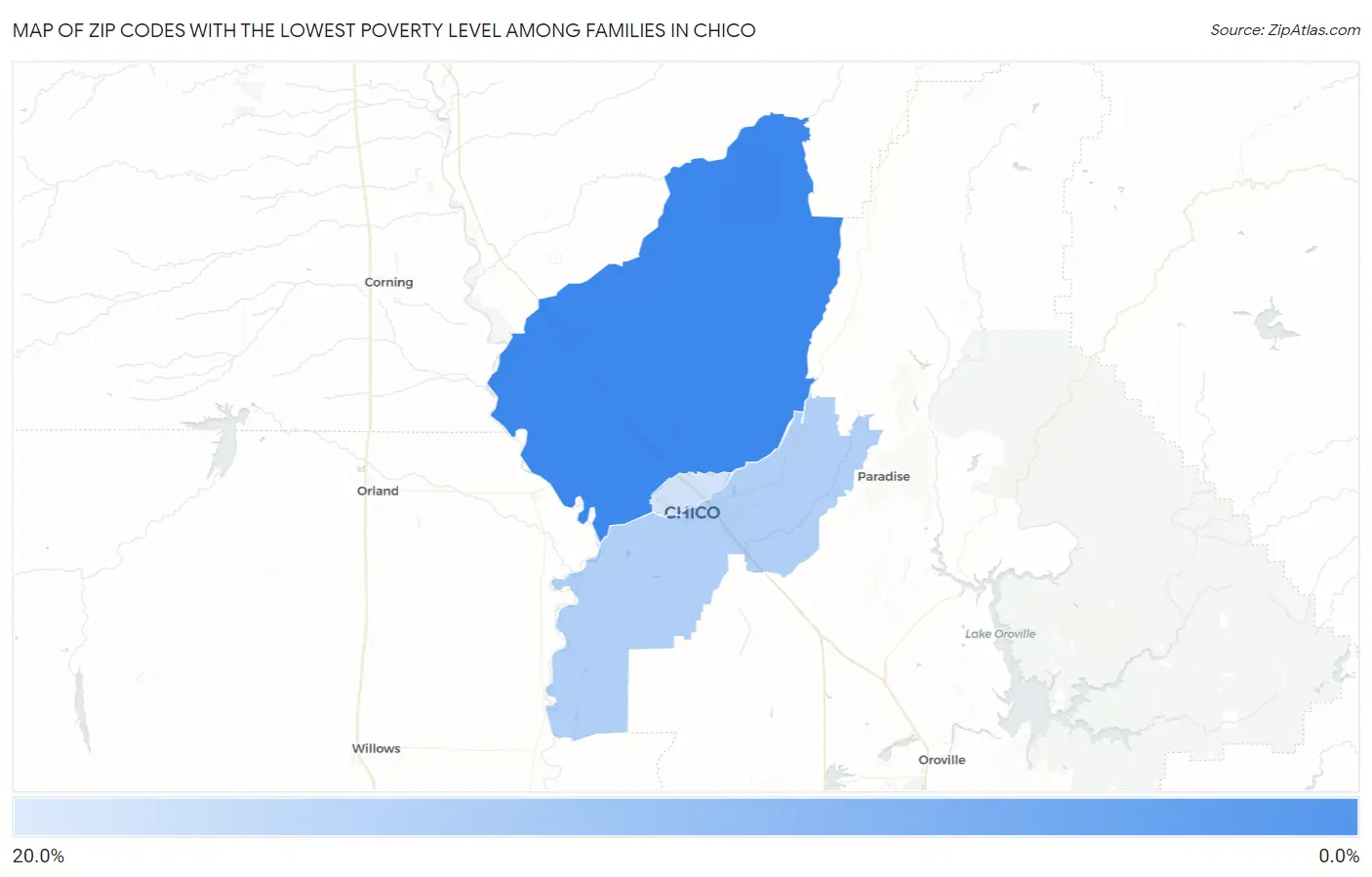 Zip Codes with the Lowest Poverty Level Among Families in Chico Map