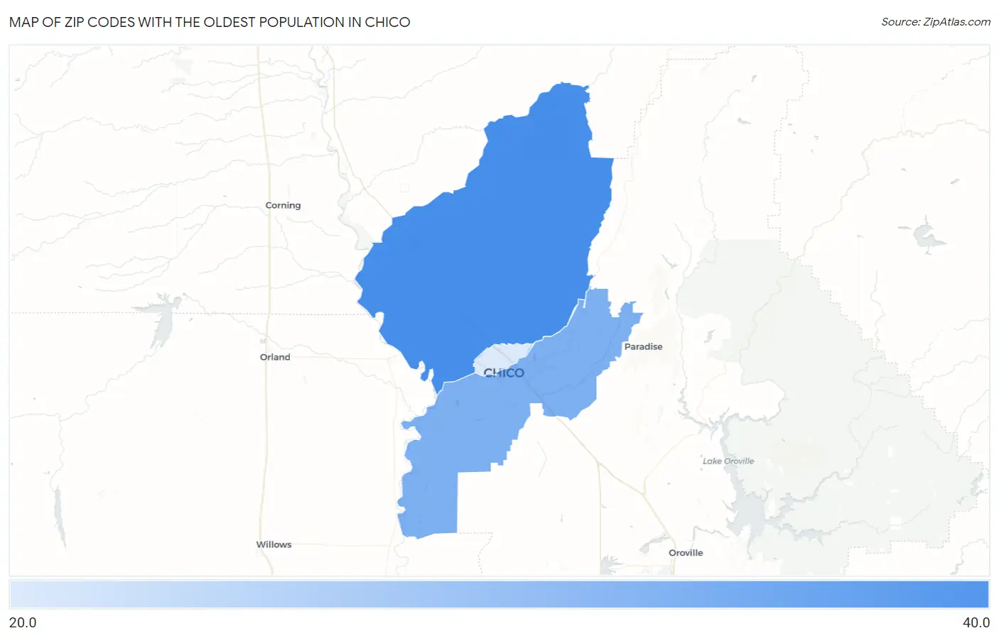 Zip Codes with the Oldest Population in Chico Map