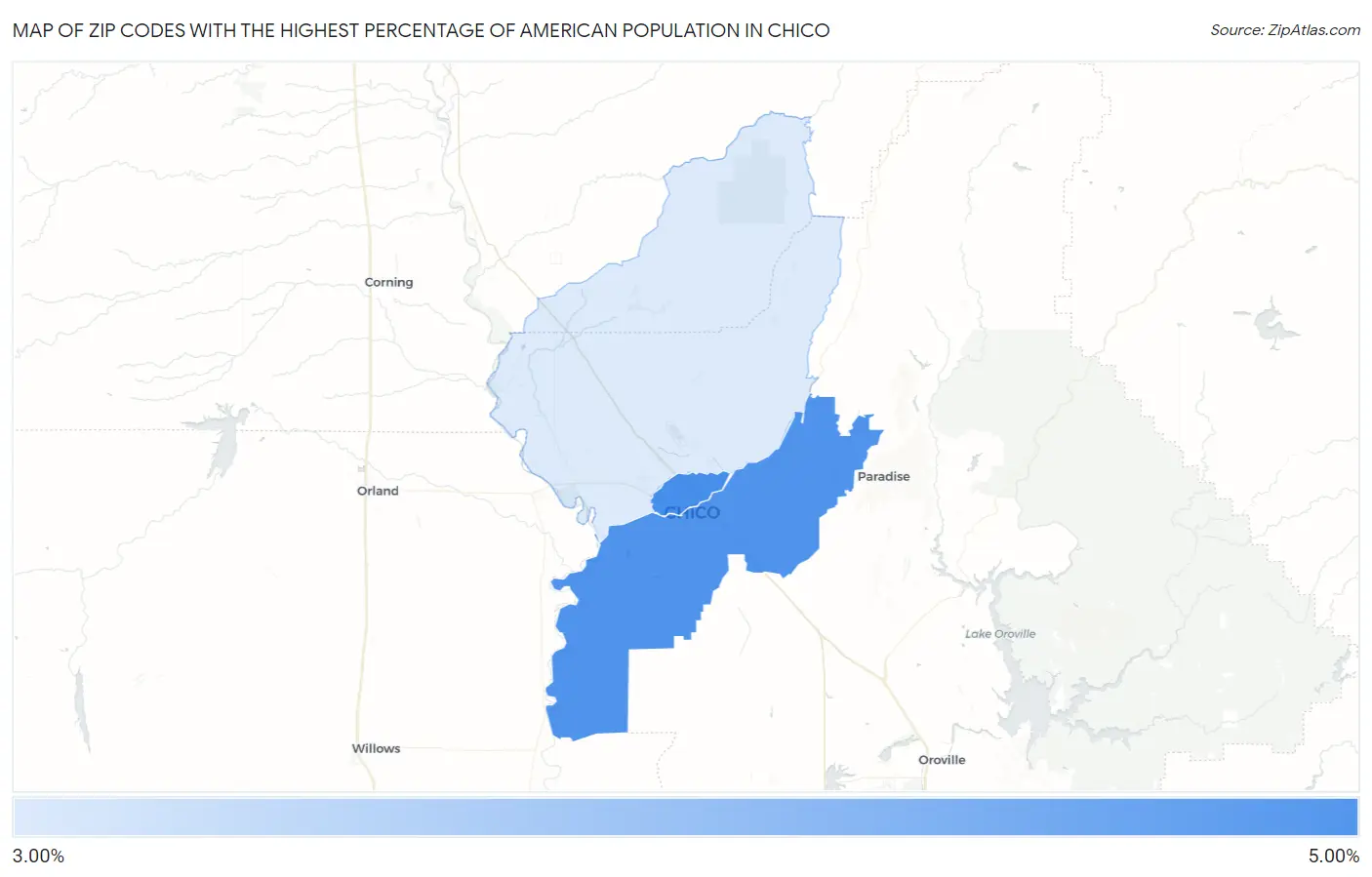 Zip Codes with the Highest Percentage of American Population in Chico Map