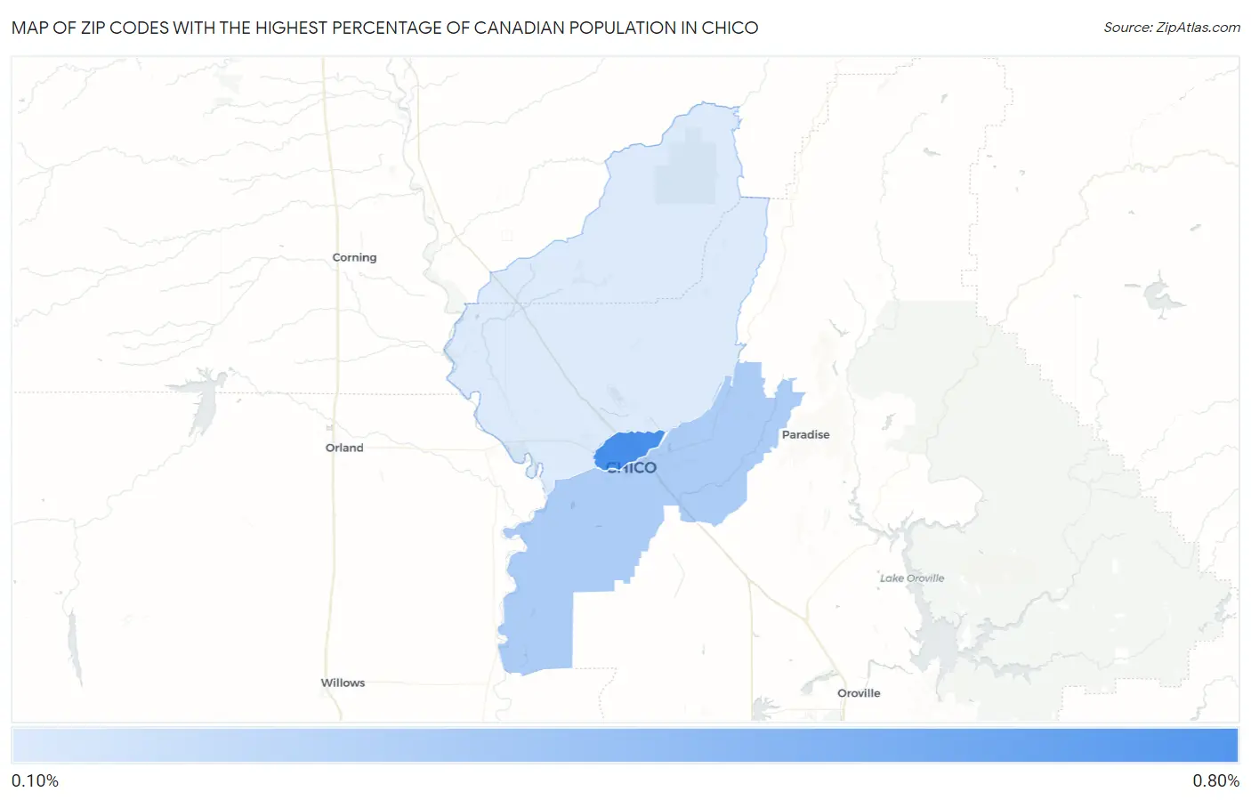 Zip Codes with the Highest Percentage of Canadian Population in Chico Map