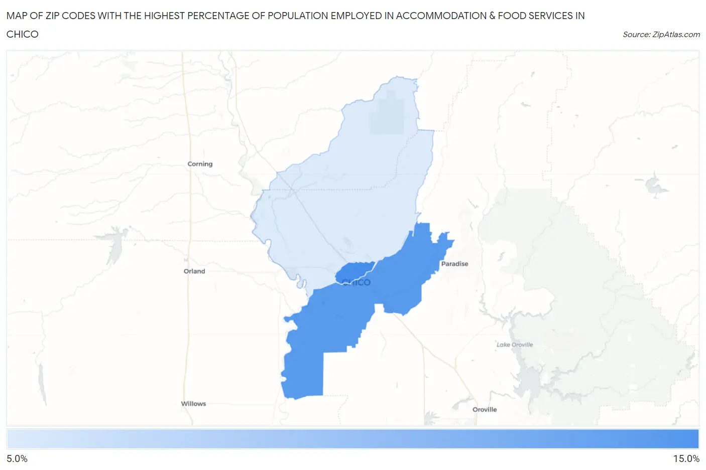 Zip Codes with the Highest Percentage of Population Employed in Accommodation & Food Services in Chico Map