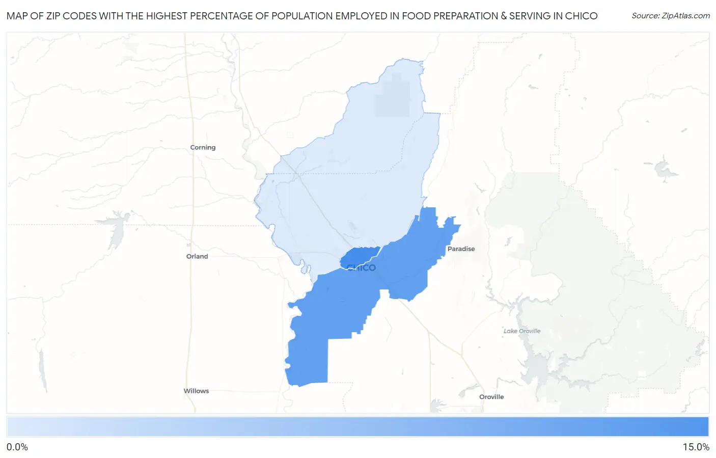 Zip Codes with the Highest Percentage of Population Employed in Food Preparation & Serving in Chico Map