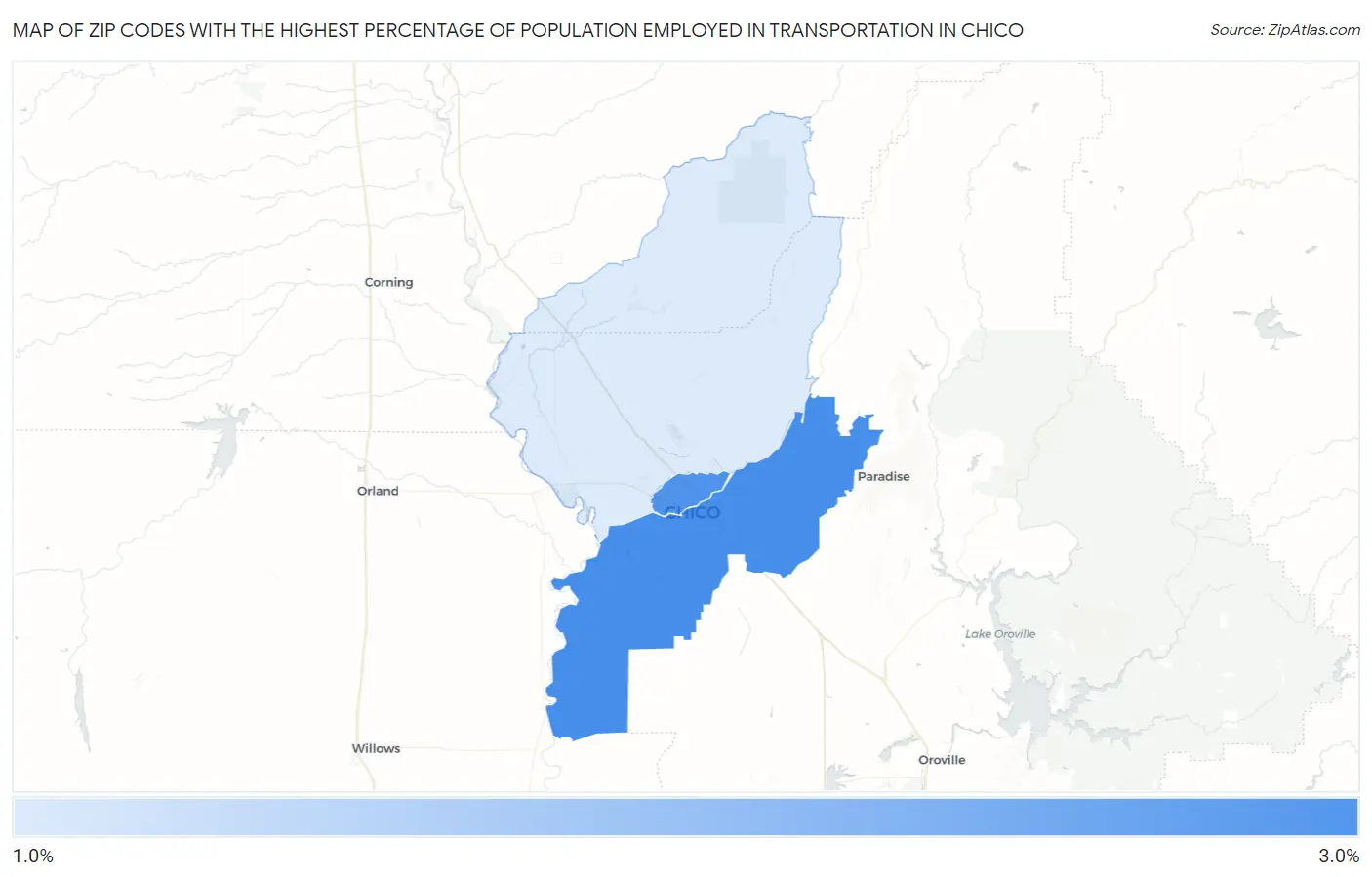 Zip Codes with the Highest Percentage of Population Employed in Transportation in Chico Map