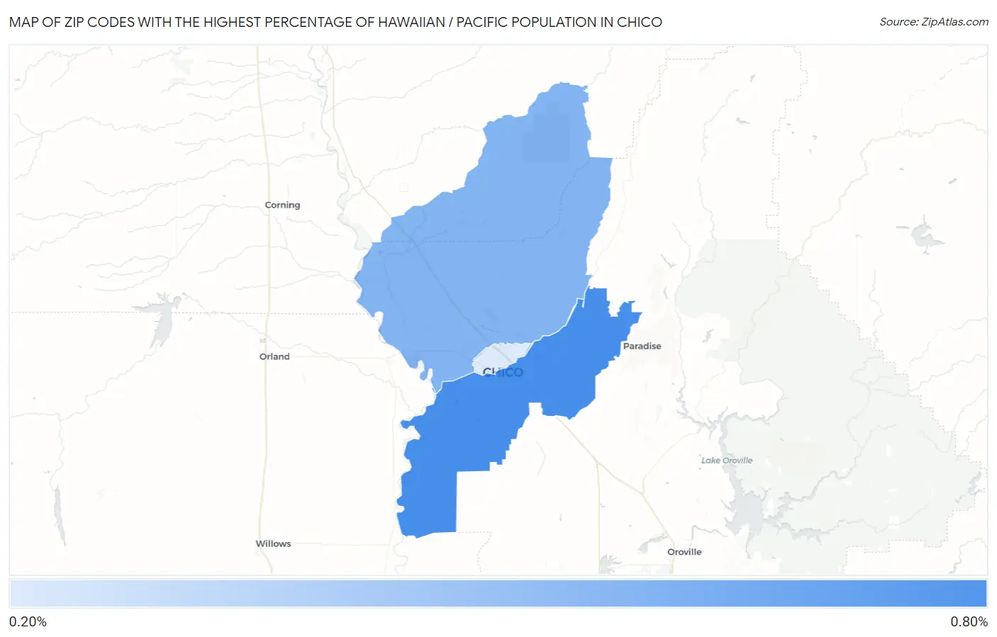 Zip Codes with the Highest Percentage of Hawaiian / Pacific Population in Chico Map