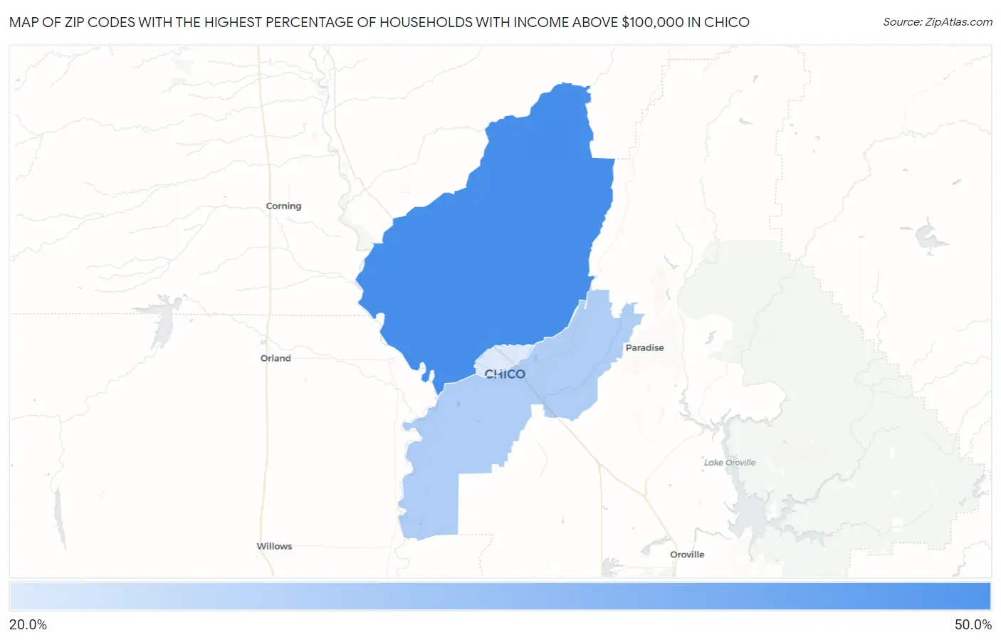 Zip Codes with the Highest Percentage of Households with Income Above $100,000 in Chico Map