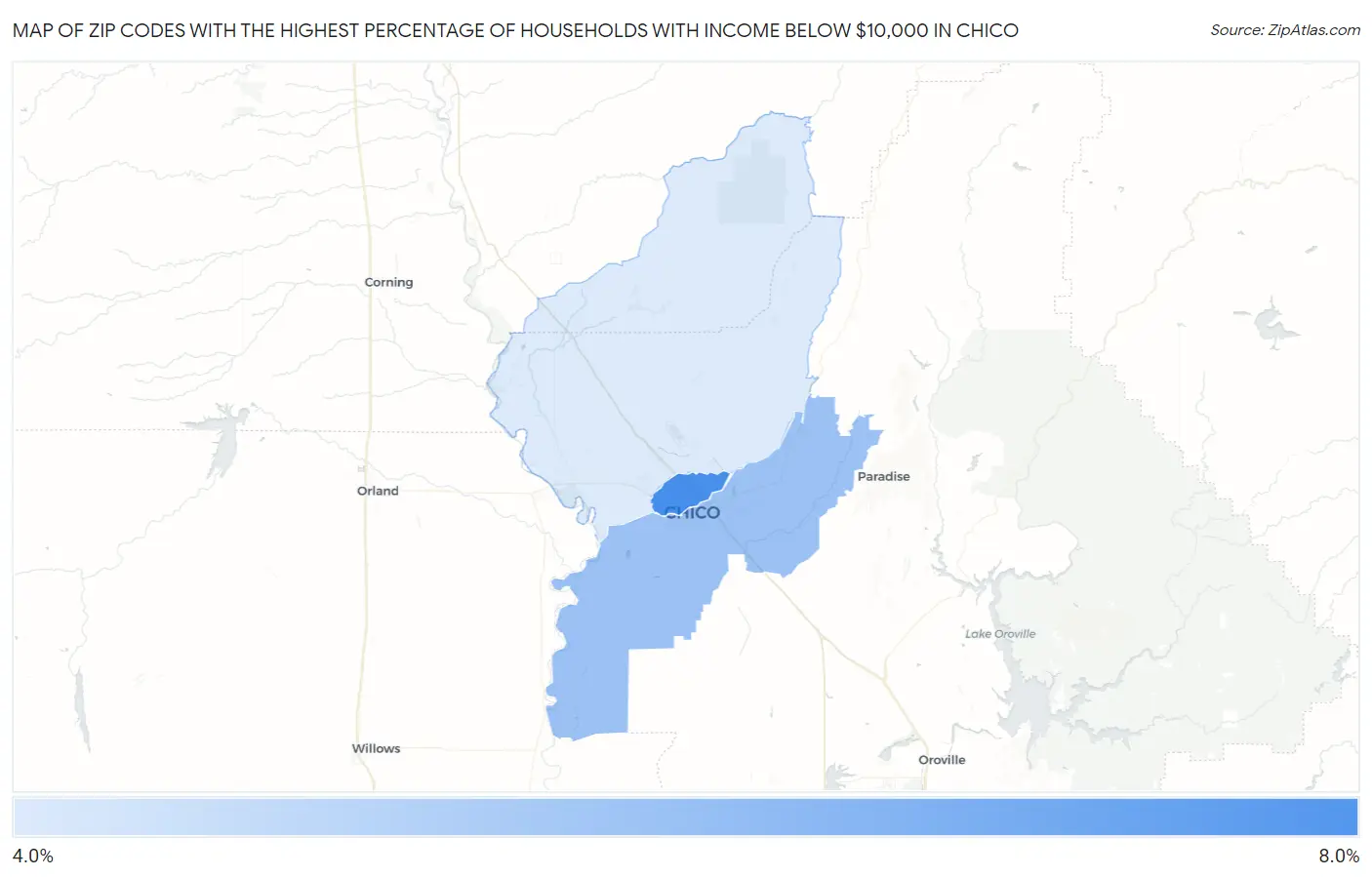 Zip Codes with the Highest Percentage of Households with Income Below $10,000 in Chico Map