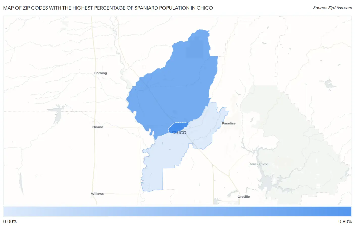 Zip Codes with the Highest Percentage of Spaniard Population in Chico Map