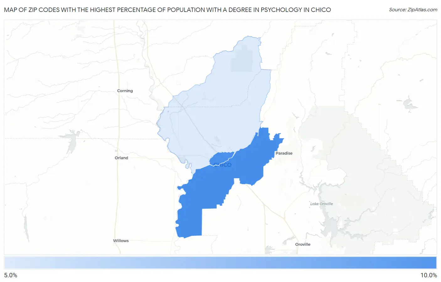 Zip Codes with the Highest Percentage of Population with a Degree in Psychology in Chico Map