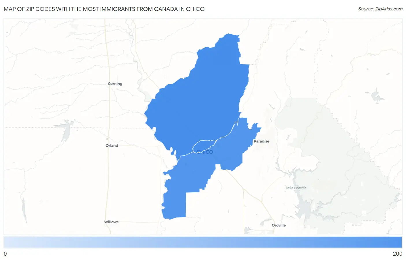 Zip Codes with the Most Immigrants from Canada in Chico Map