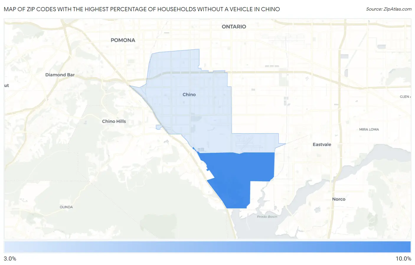 Zip Codes with the Highest Percentage of Households Without a Vehicle in Chino Map
