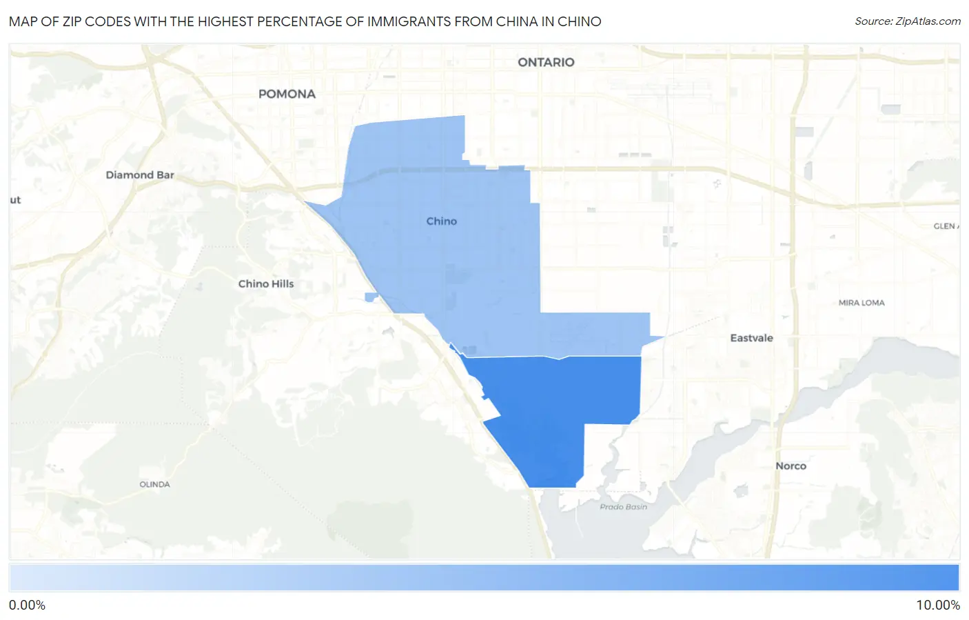 Zip Codes with the Highest Percentage of Immigrants from China in Chino Map