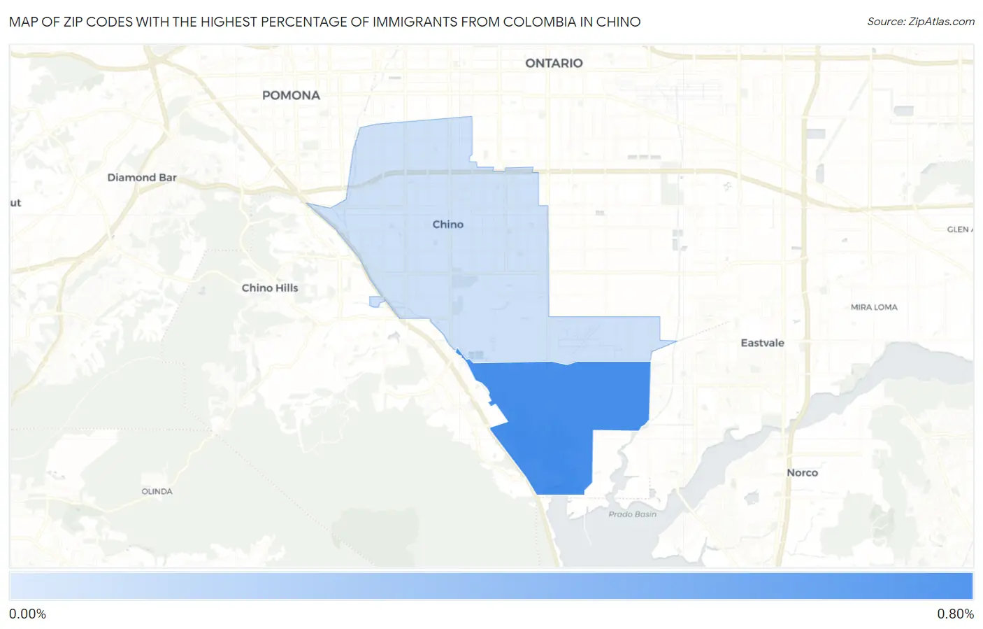Zip Codes with the Highest Percentage of Immigrants from Colombia in Chino Map