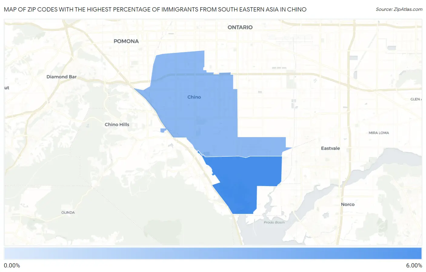 Zip Codes with the Highest Percentage of Immigrants from South Eastern Asia in Chino Map