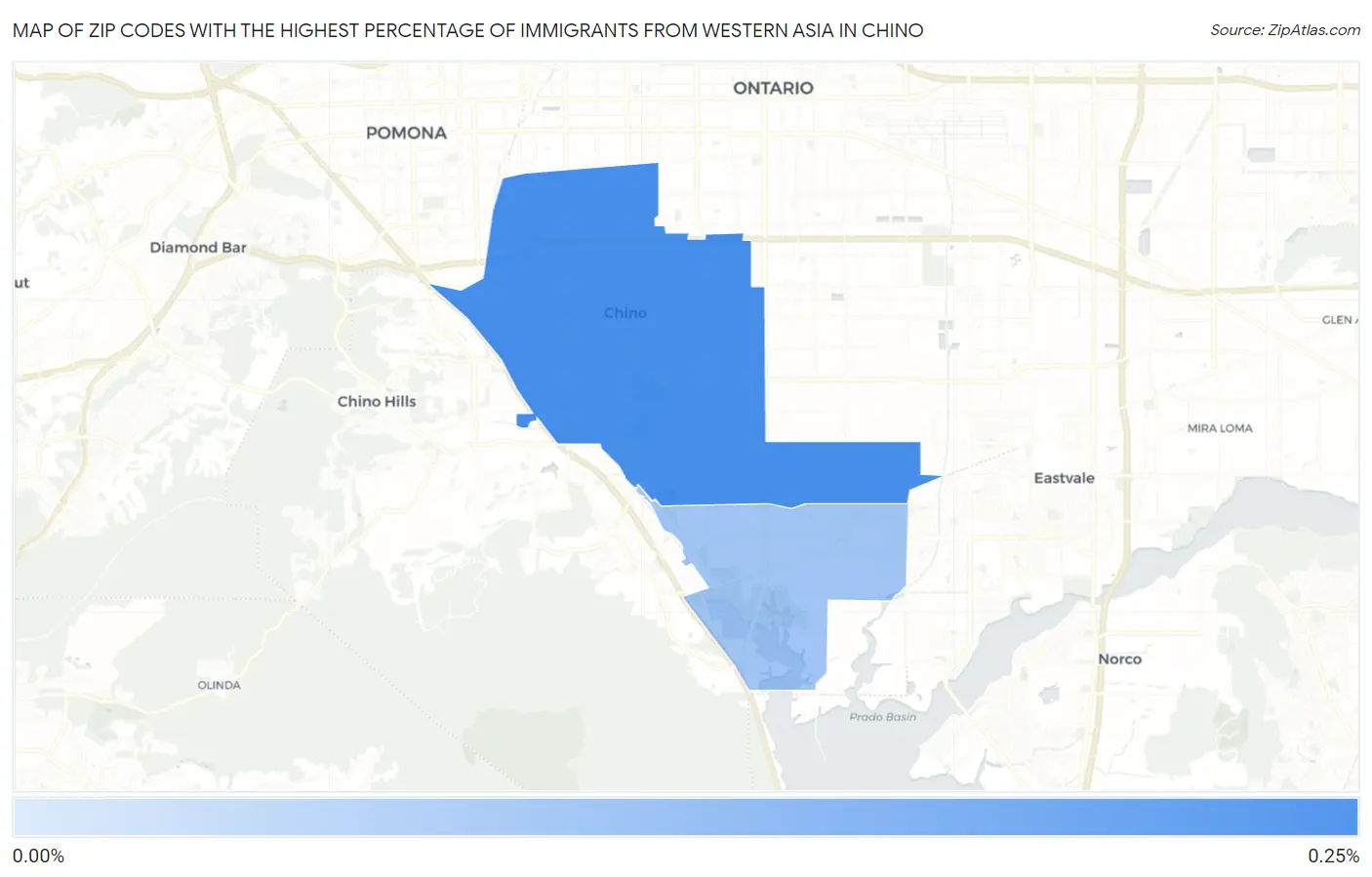 Zip Codes with the Highest Percentage of Immigrants from Western Asia in Chino Map