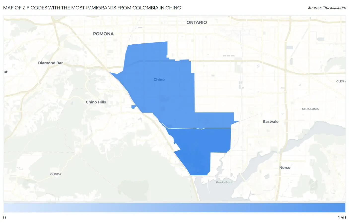 Zip Codes with the Most Immigrants from Colombia in Chino Map