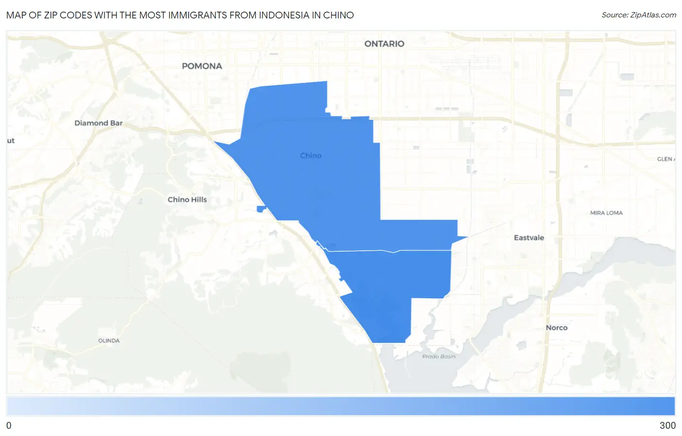 Zip Codes with the Most Immigrants from Indonesia in Chino Map