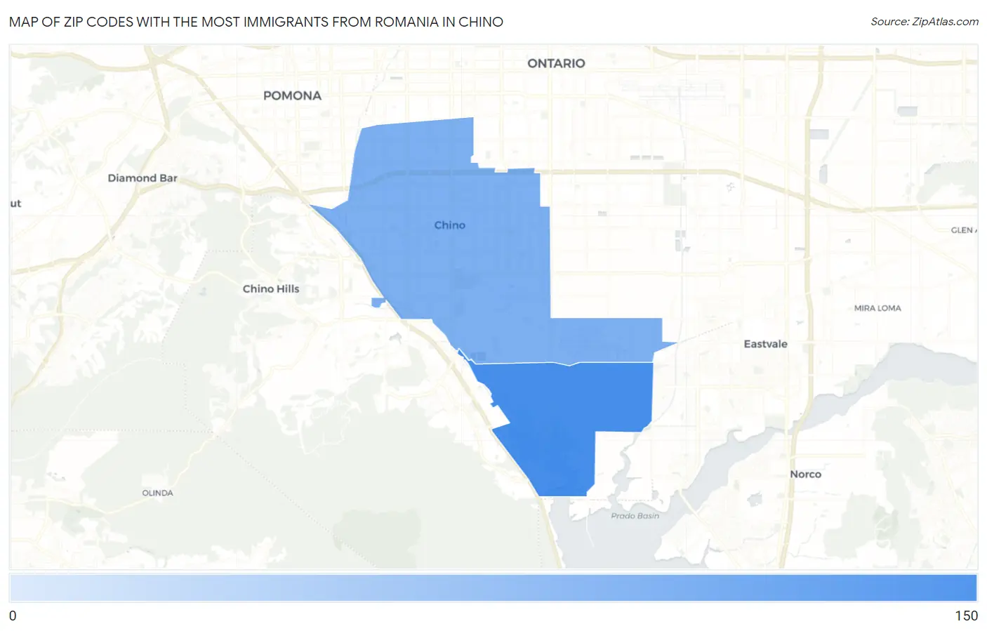 Zip Codes with the Most Immigrants from Romania in Chino Map