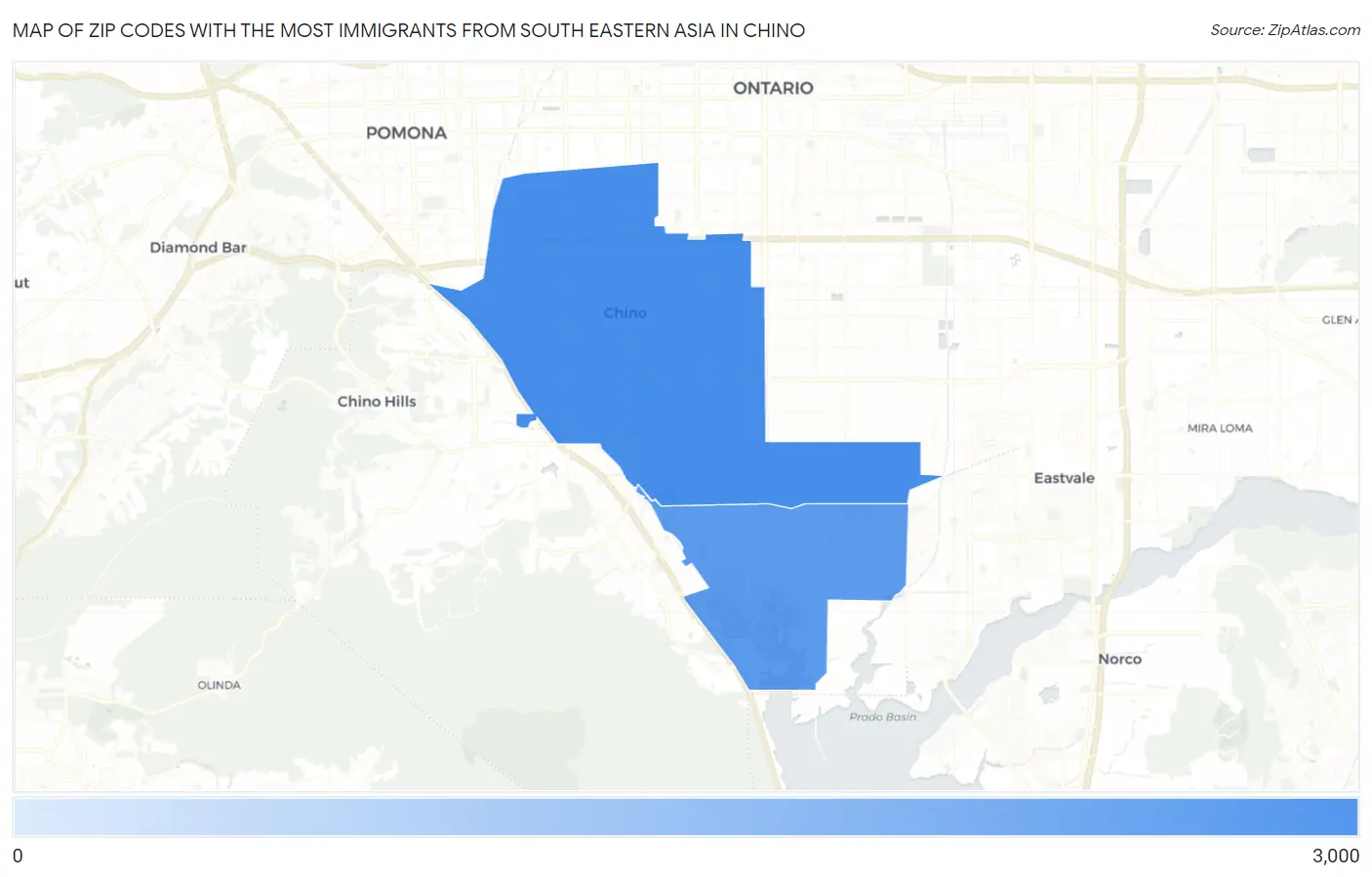 Zip Codes with the Most Immigrants from South Eastern Asia in Chino Map