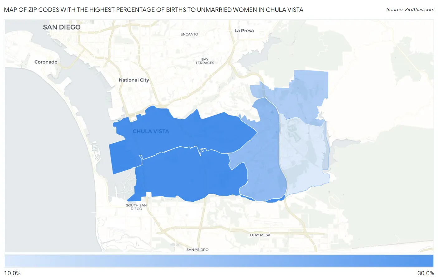 Zip Codes with the Highest Percentage of Births to Unmarried Women in Chula Vista Map