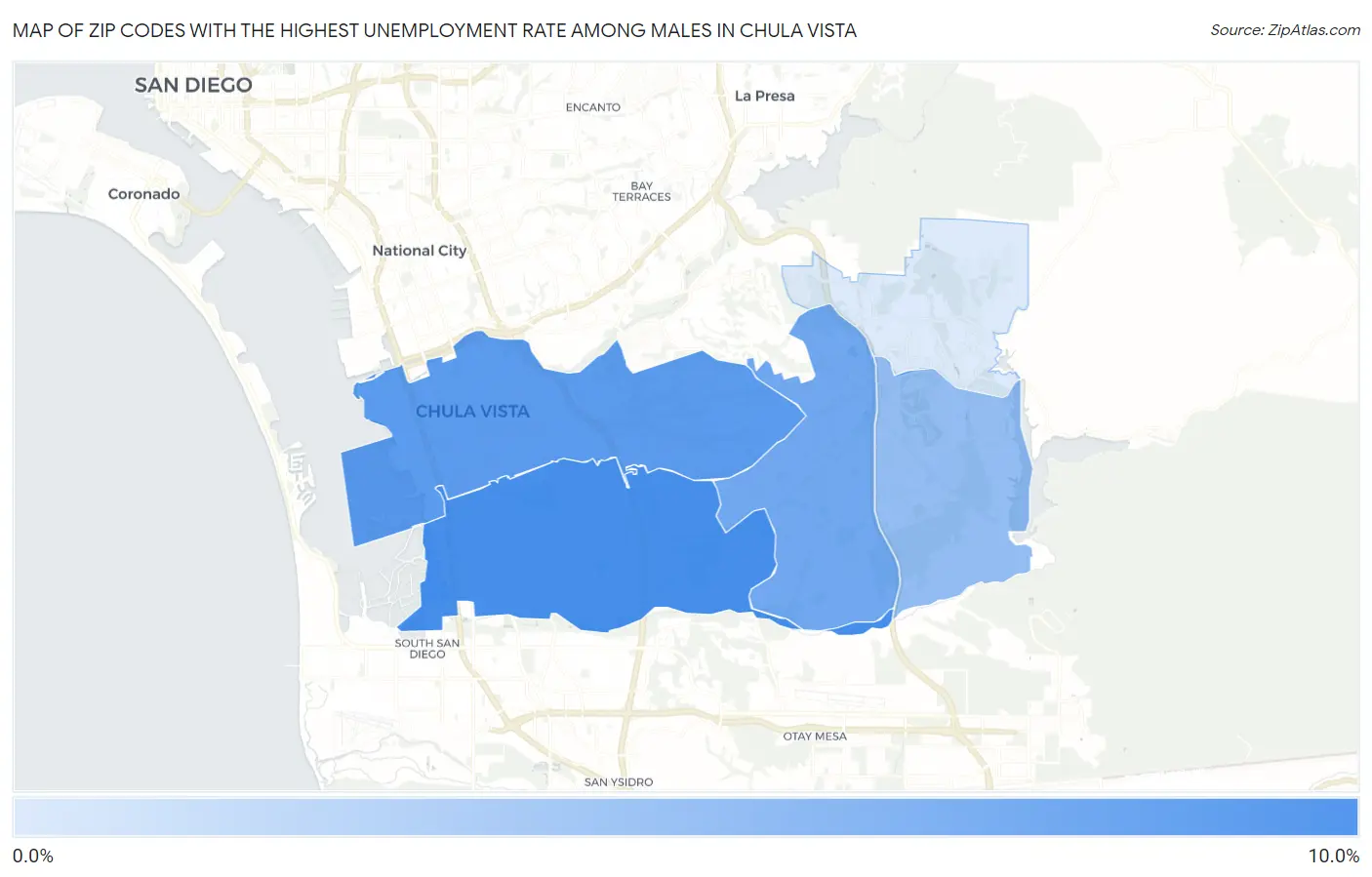 Zip Codes with the Highest Unemployment Rate Among Males in Chula Vista Map